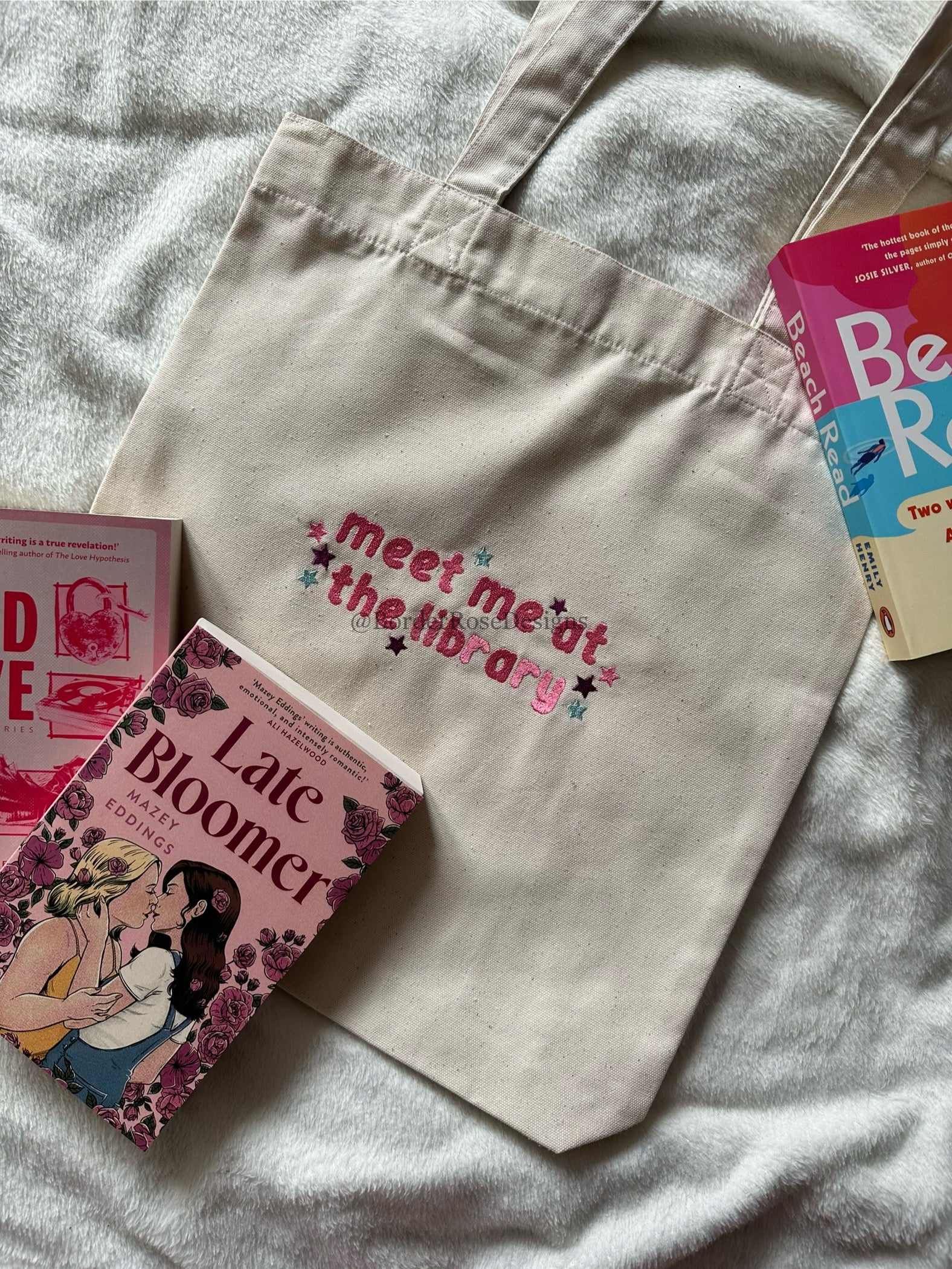 Meet Me At The Library Embroidered Tote Bag
