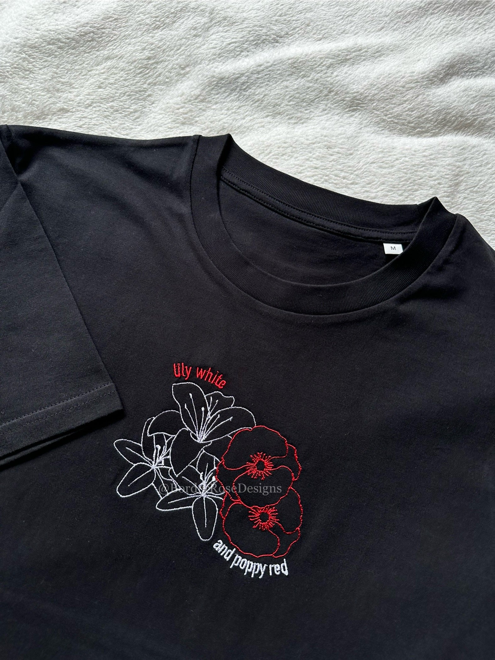 Lily White And Poppy Red Flowers Hadestown Unisex Embroidered T Shirt