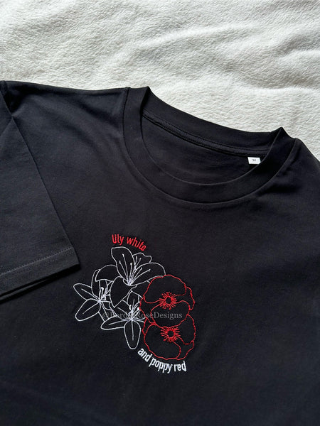 lily white and poppy red Lily White And Poppy Red Flowers Hadestown Unisex Embroidered T Shirt – borderrosedesigns