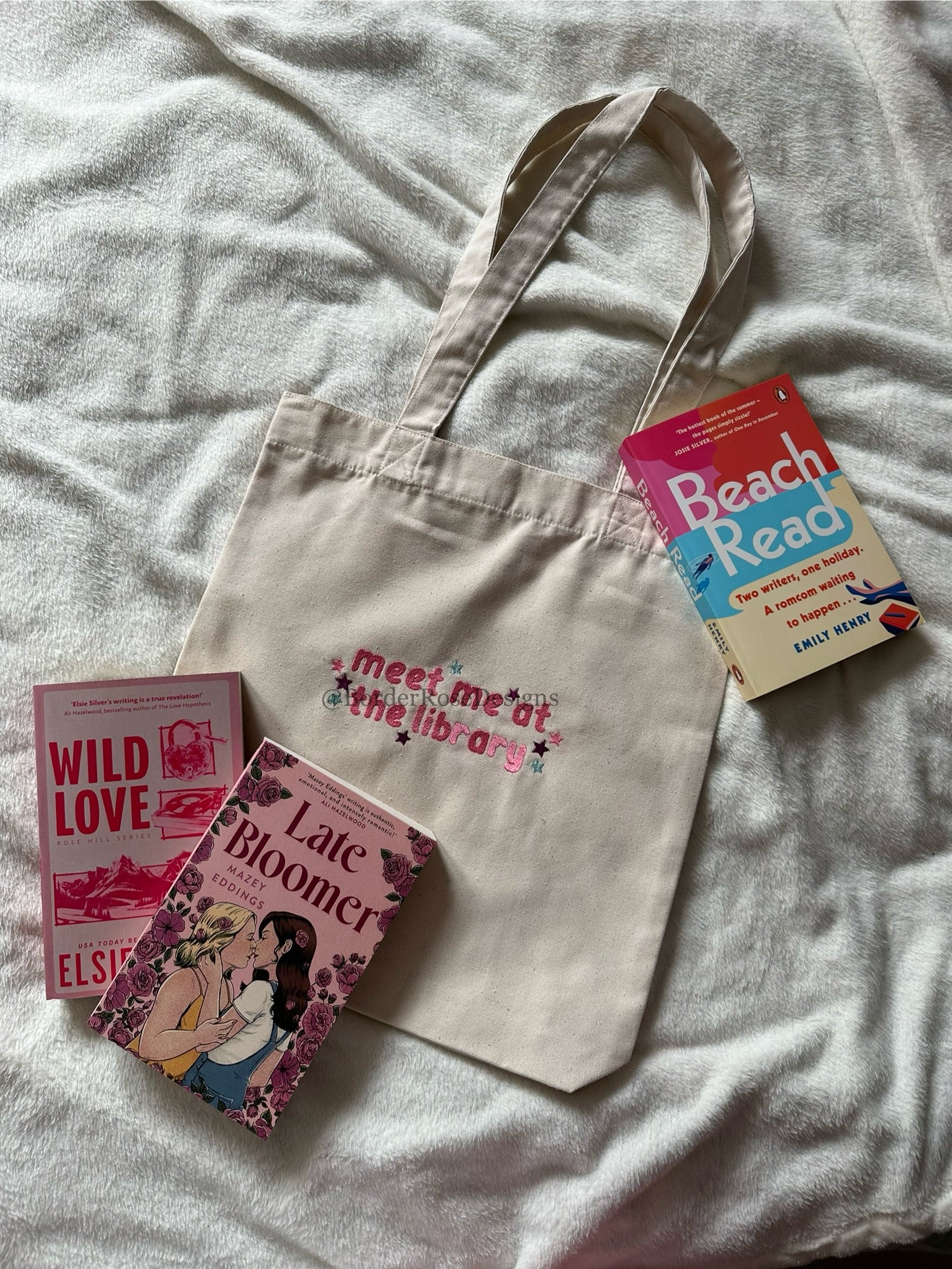 Meet Me At The Library Embroidered Tote Bag