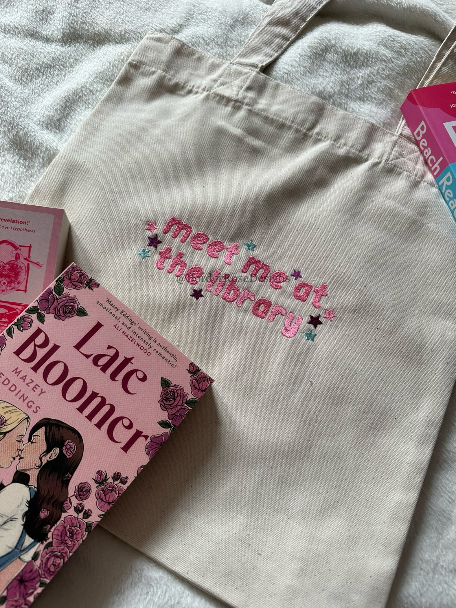 Meet Me At The Library Embroidered Tote Bag