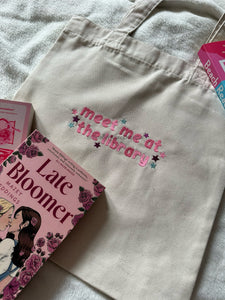 Meet Me At The Library Embroidered Tote Bag