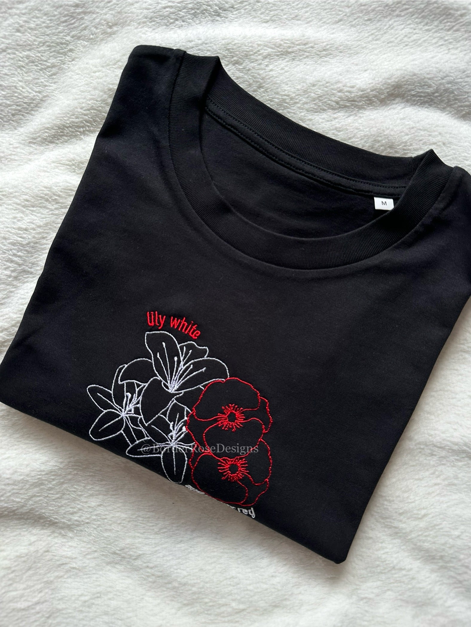 Lily White And Poppy Red Flowers Hadestown Unisex Embroidered T Shirt