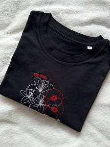Lily White And Poppy Red Flowers Hadestown Unisex Embroidered T Shirt